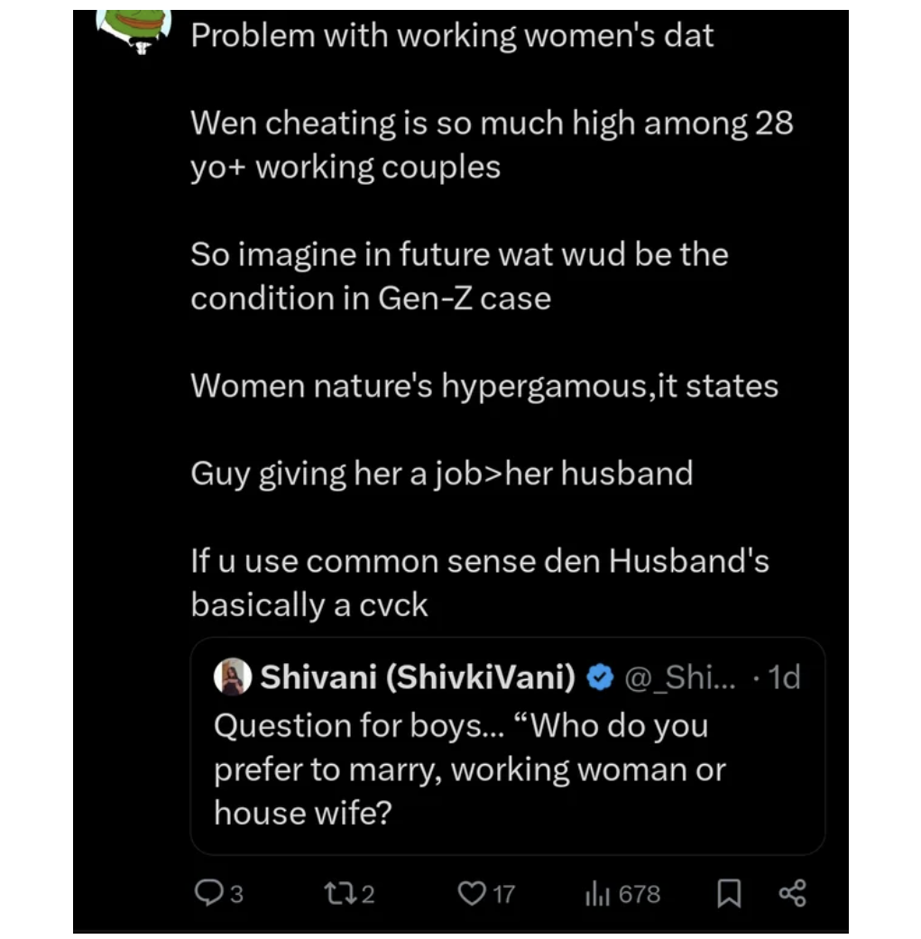 screenshot - Problem with working women's dat Wen cheating is so much high among 28 yo working couples So imagine in future wat wud be the condition in GenZ case Women nature's hypergamous, it states Guy giving her a job>her husband If u use common sense 